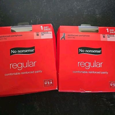 2 PAIR No Nonsense Regular REINFORCED PANTYHOSE  TAN/MEDIUM TOE SIZE B 009